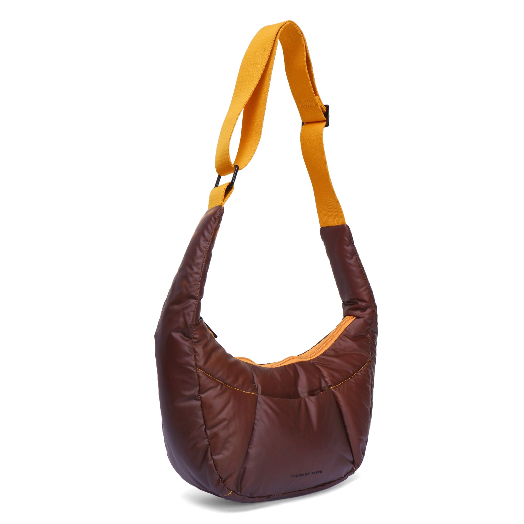 Brown shoulder bag with yellow strap on a white background