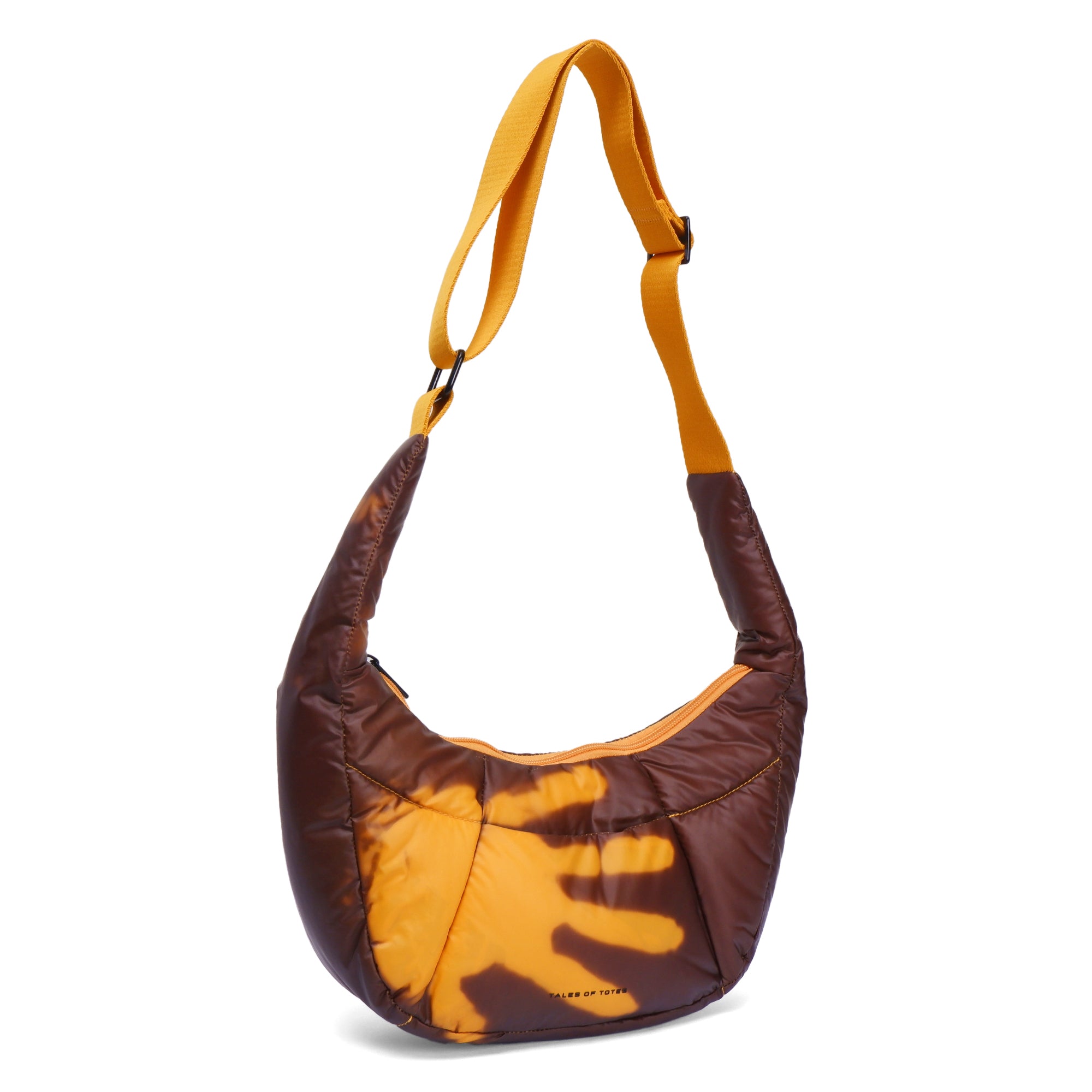 Brown and orange handbag with a strap on a white background