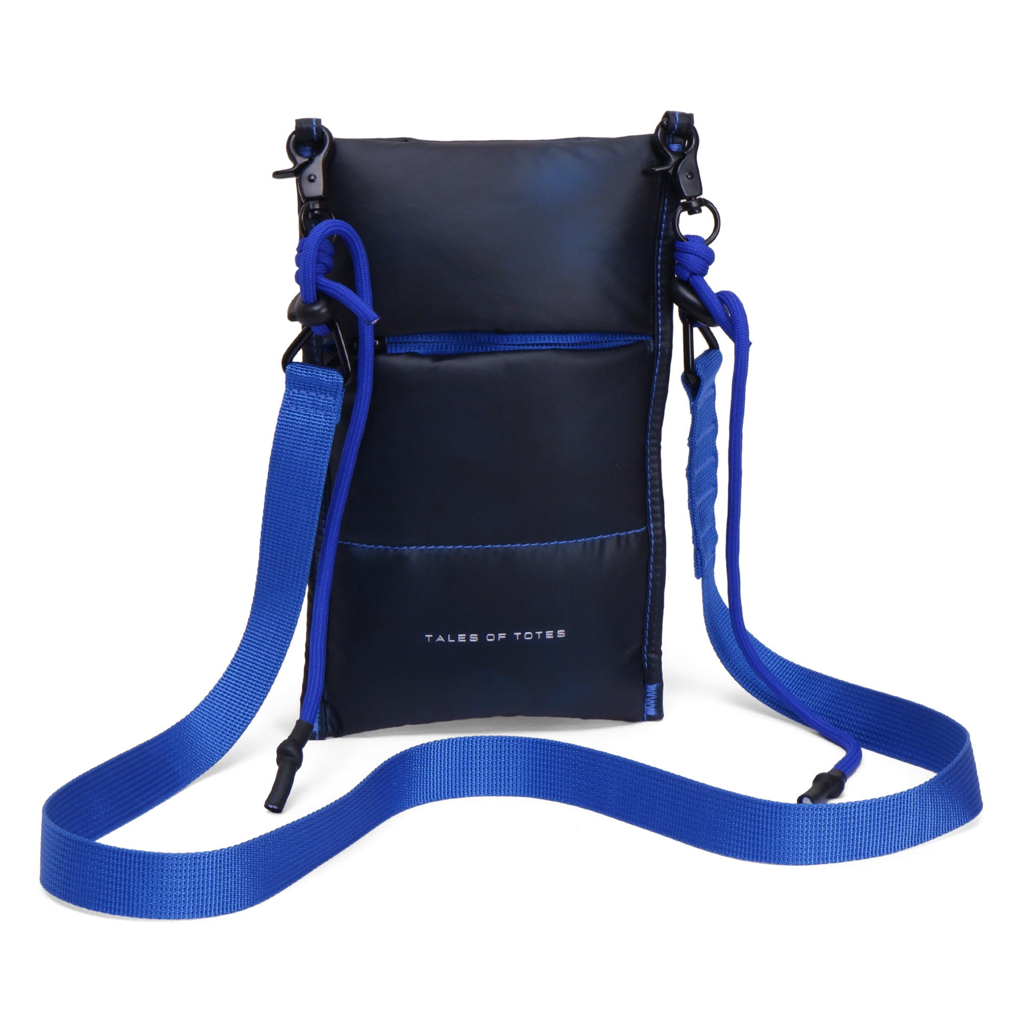 Black crossbody bag with blue strap on a white background