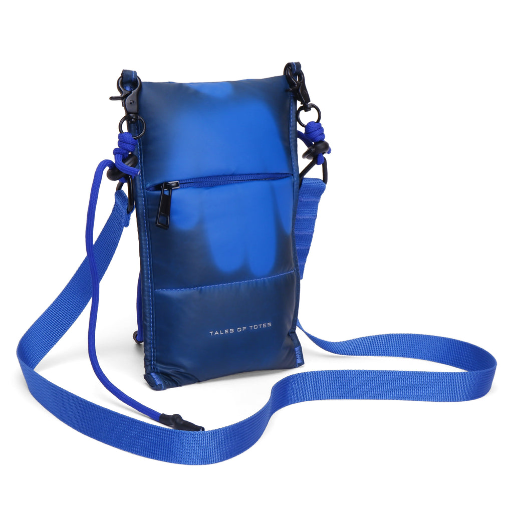 Blue crossbody bag with a strap on a white background