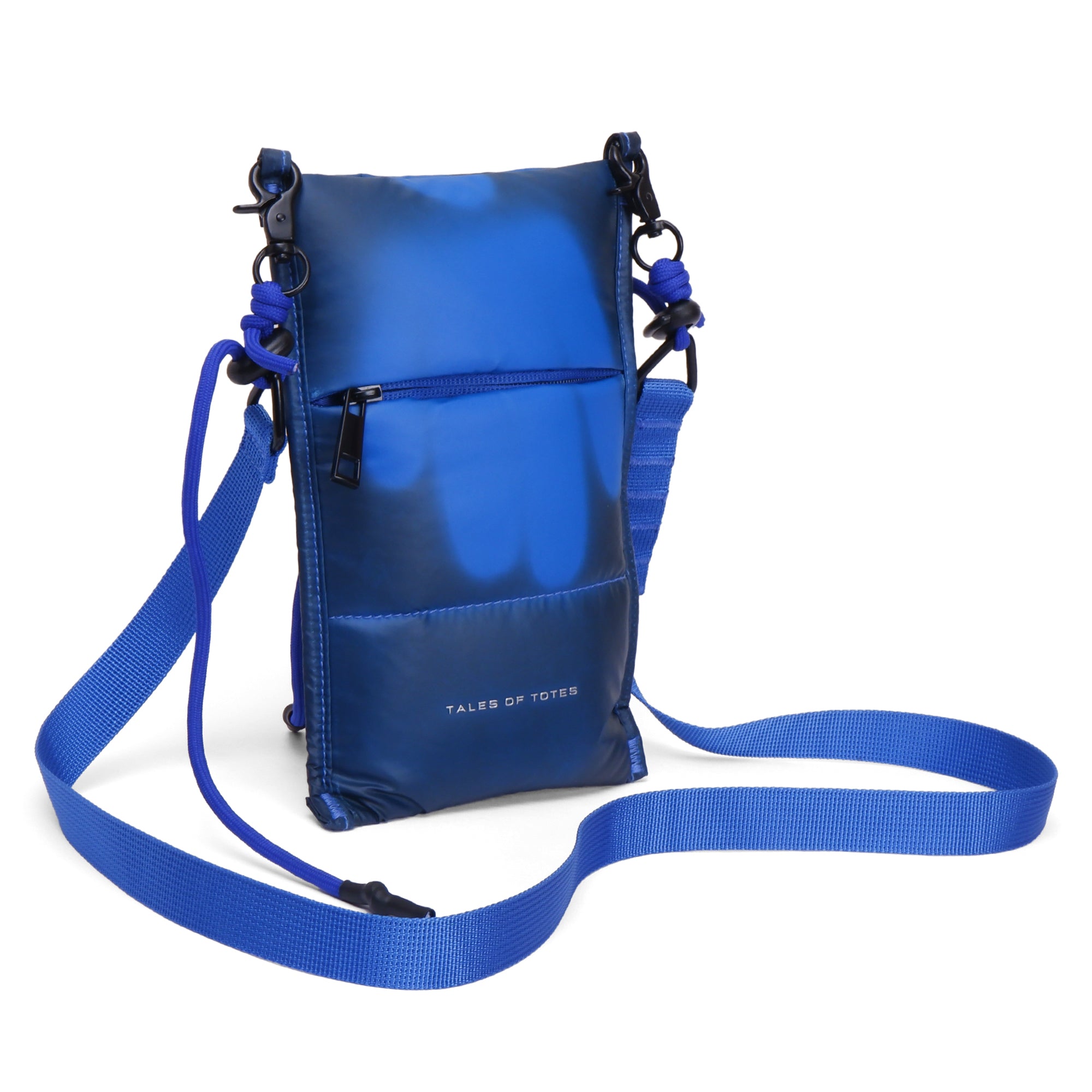 Blue crossbody bag with a strap on a white background