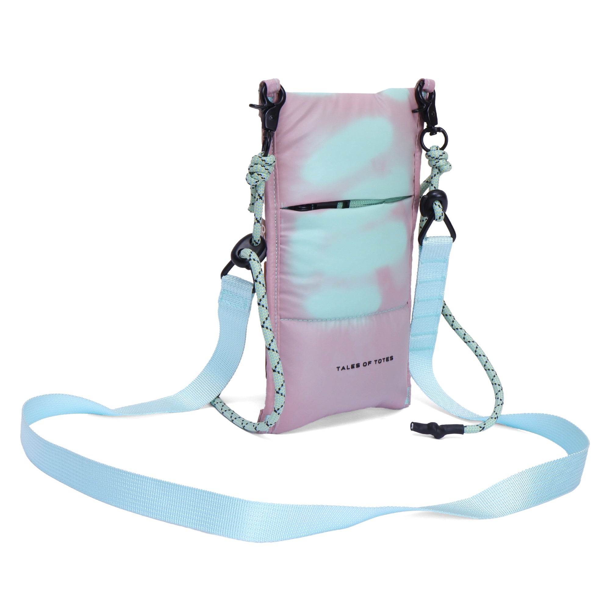 Pink and light blue crossbody bag with a strap on a white background