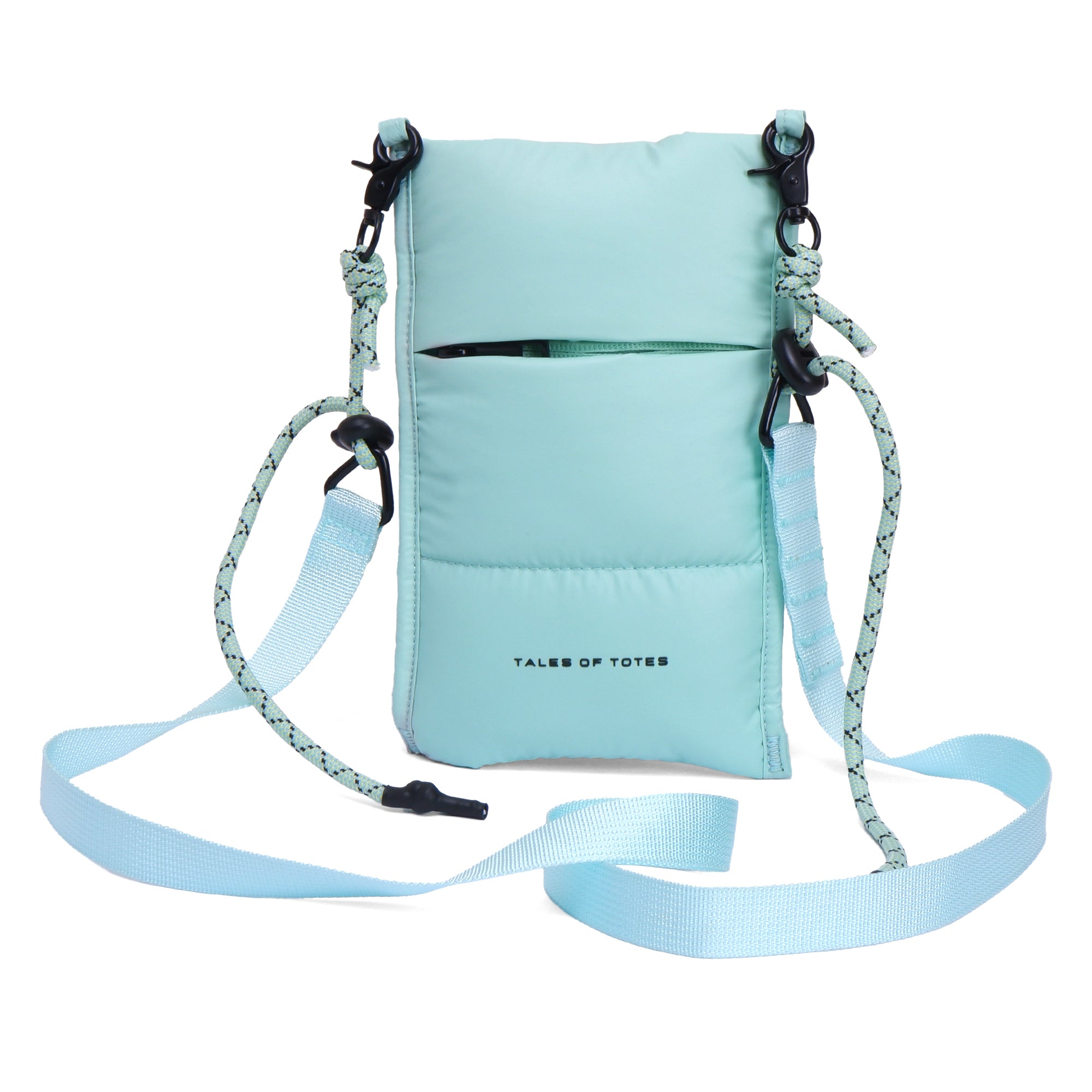 Light blue crossbody bag with a strap on a white background