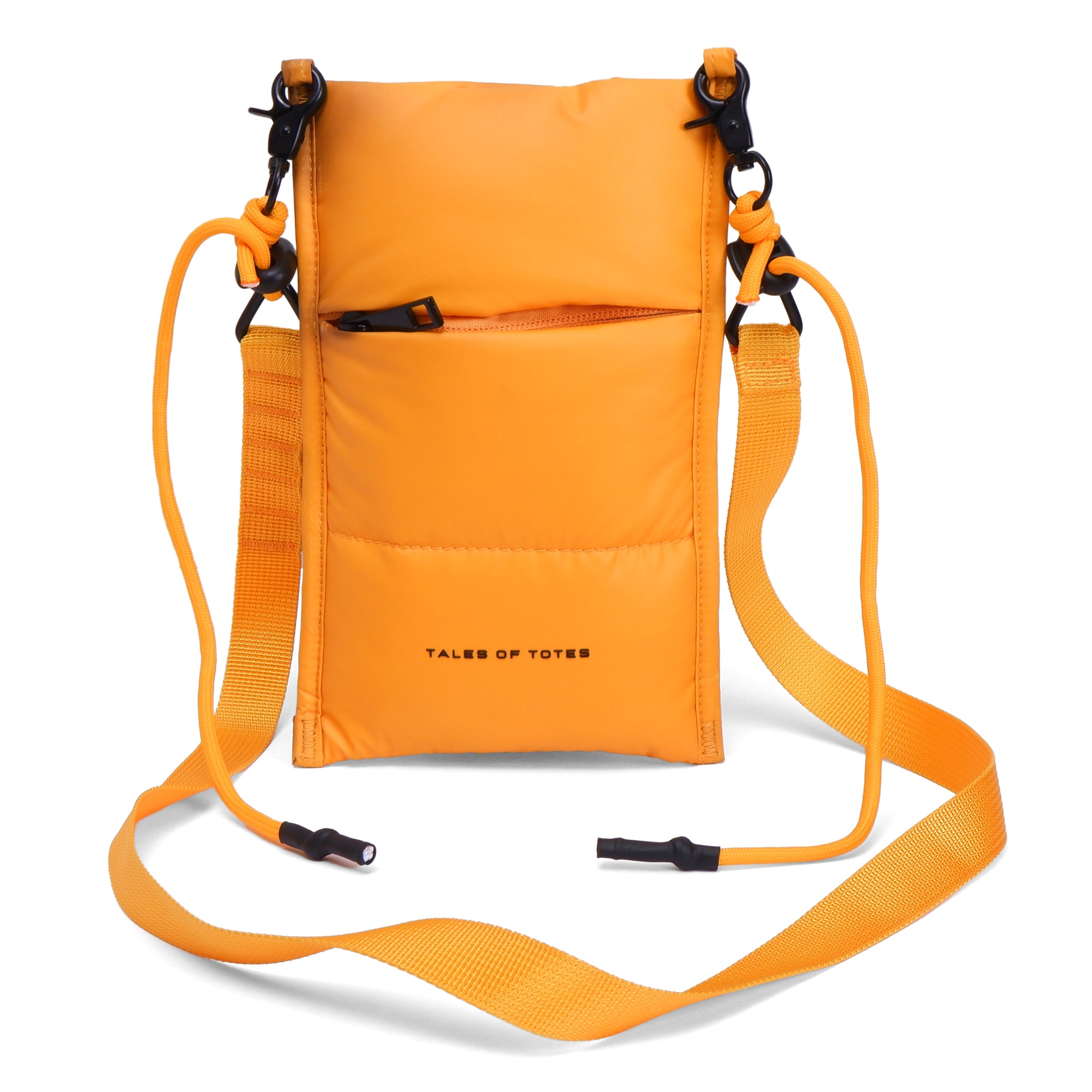 Orange crossbody bag with a strap on a white background