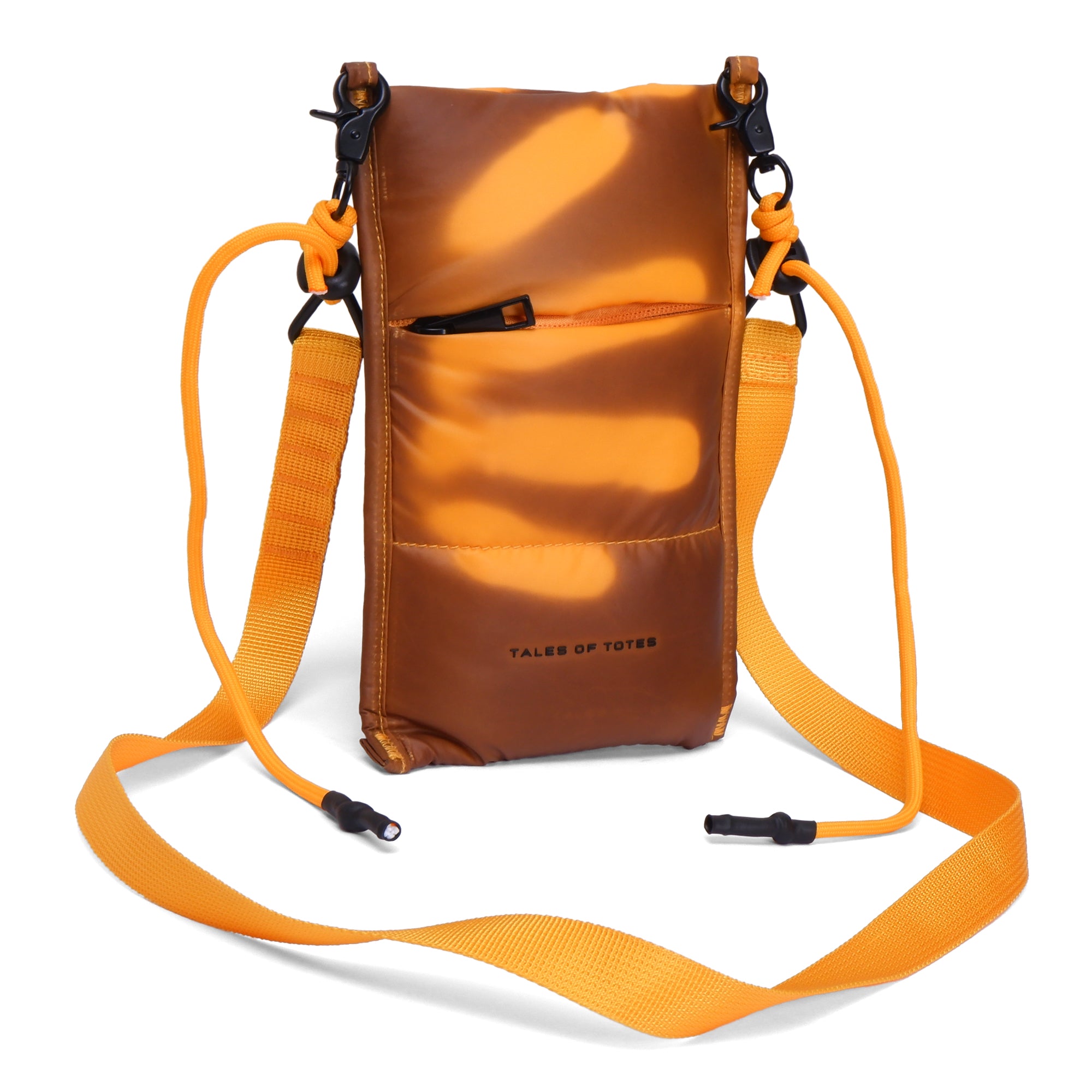 Orange crossbody bag with a strap on a white background