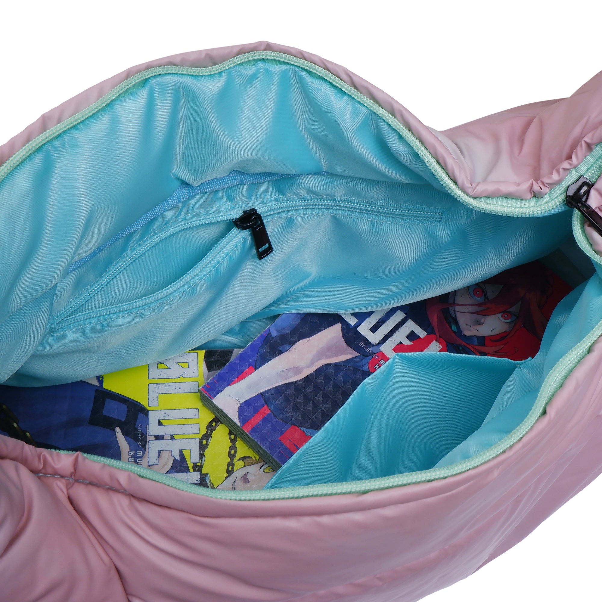 Pink bag with colorful items inside on a white background