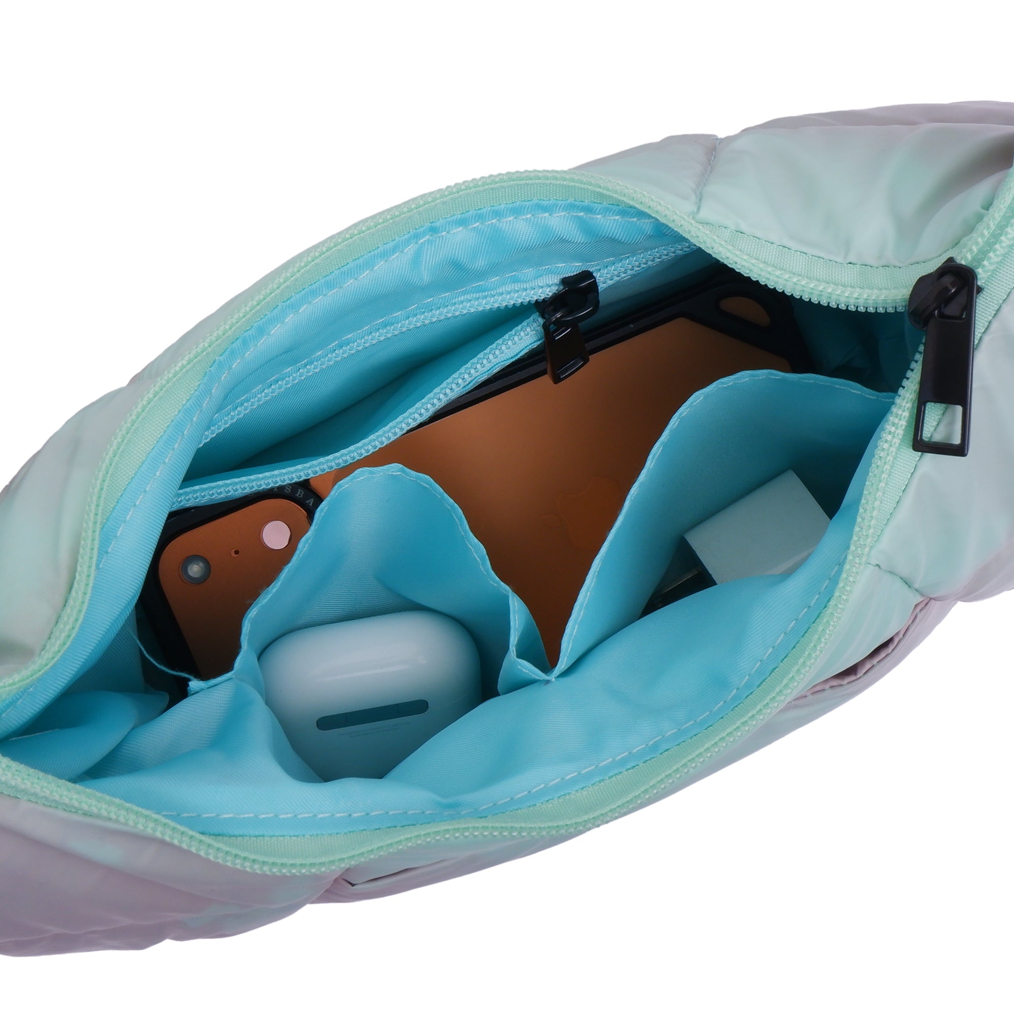 Light blue bag with a smartphone and white earbuds inside on a white background