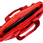 Red laptop bag with visible branding on a white background