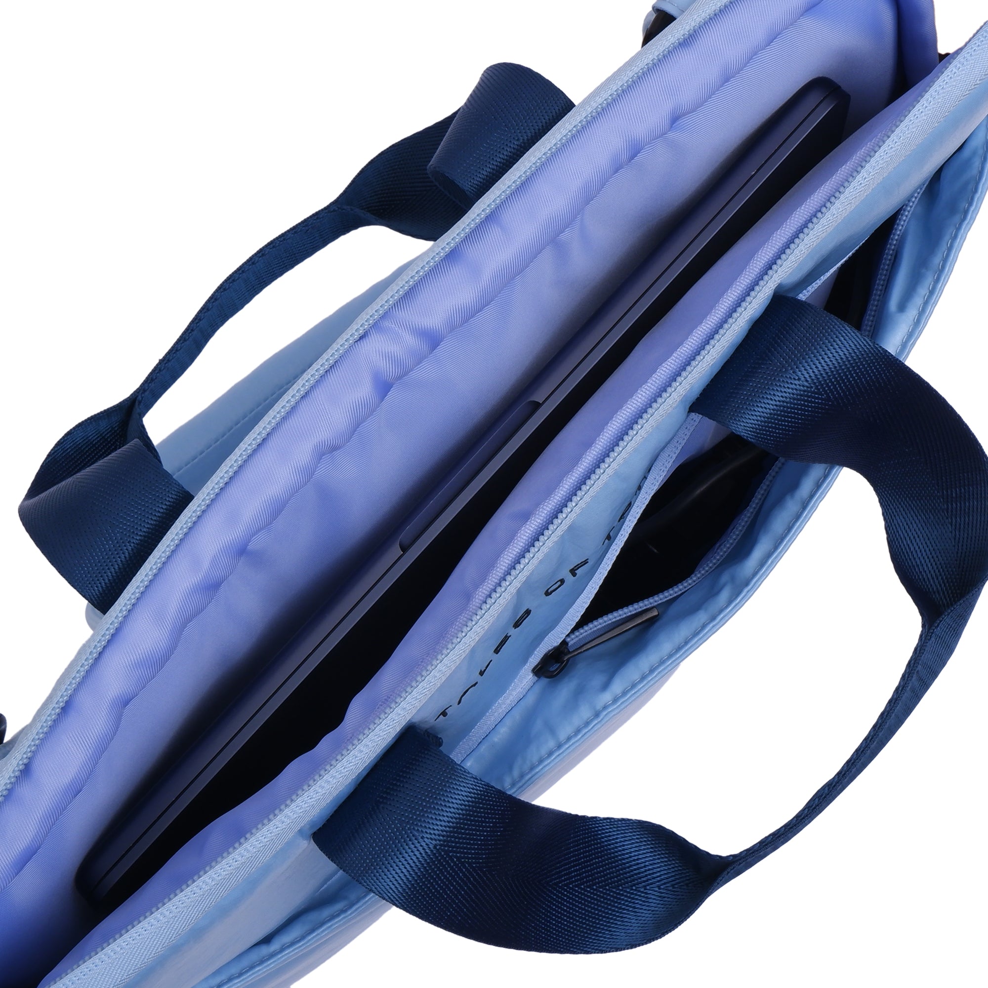 Blue laptop bag with straps on a white background