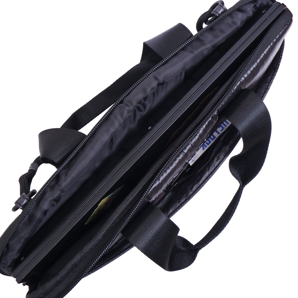 Black briefcase with visible branding on a white background