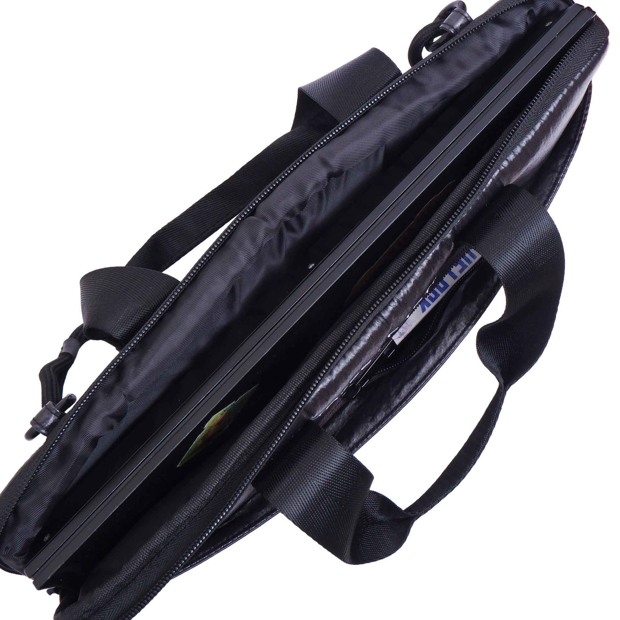 Black briefcase with visible branding on a white background