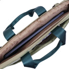 Beige laptop bag with teal straps on a white background