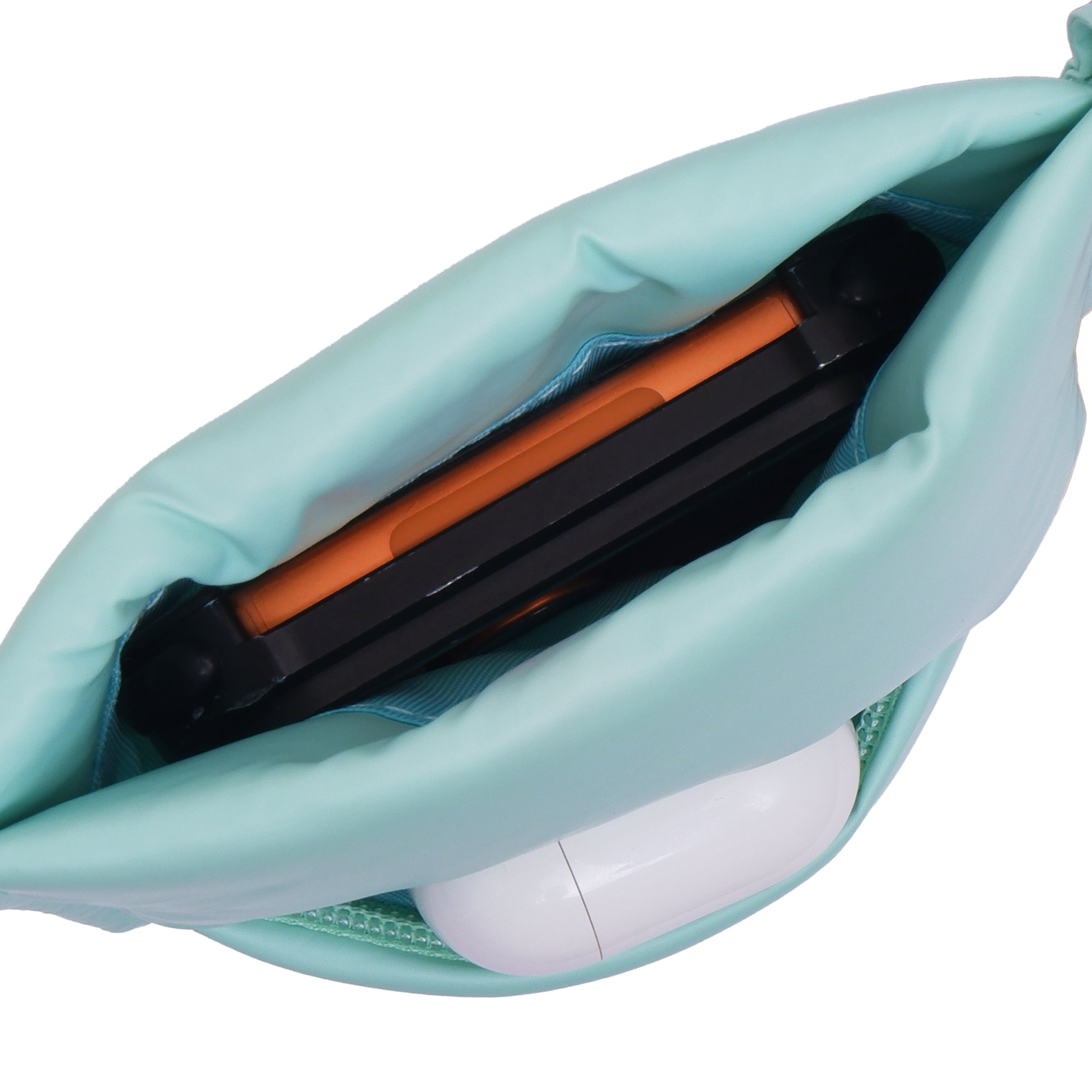 Light blue pouch with a black and orange item inside on a white background