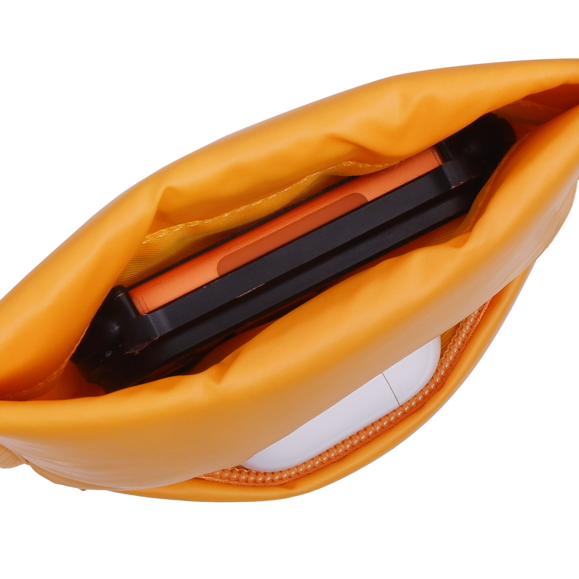 Orange pouch with a black and orange device inside on a white background