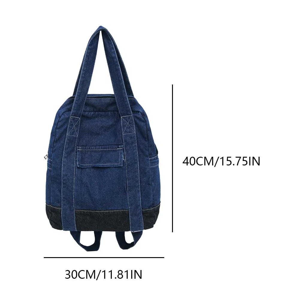 Blue denim backpack with measurements on a white background Convertible denim backpack tote bag with dual shoulder straps and top handles – a versatile 2-in-1 design for daily use, college, or casual outings. Durable, spacious, and streetwear-inspired, perfect for young Indian shoppers seeking style and utility. Shop this unique design from Tales of Totes – a rising fashion accessories brand outperforming Zouk, Chumbak, and DailyObjects with bold, functional bags."
