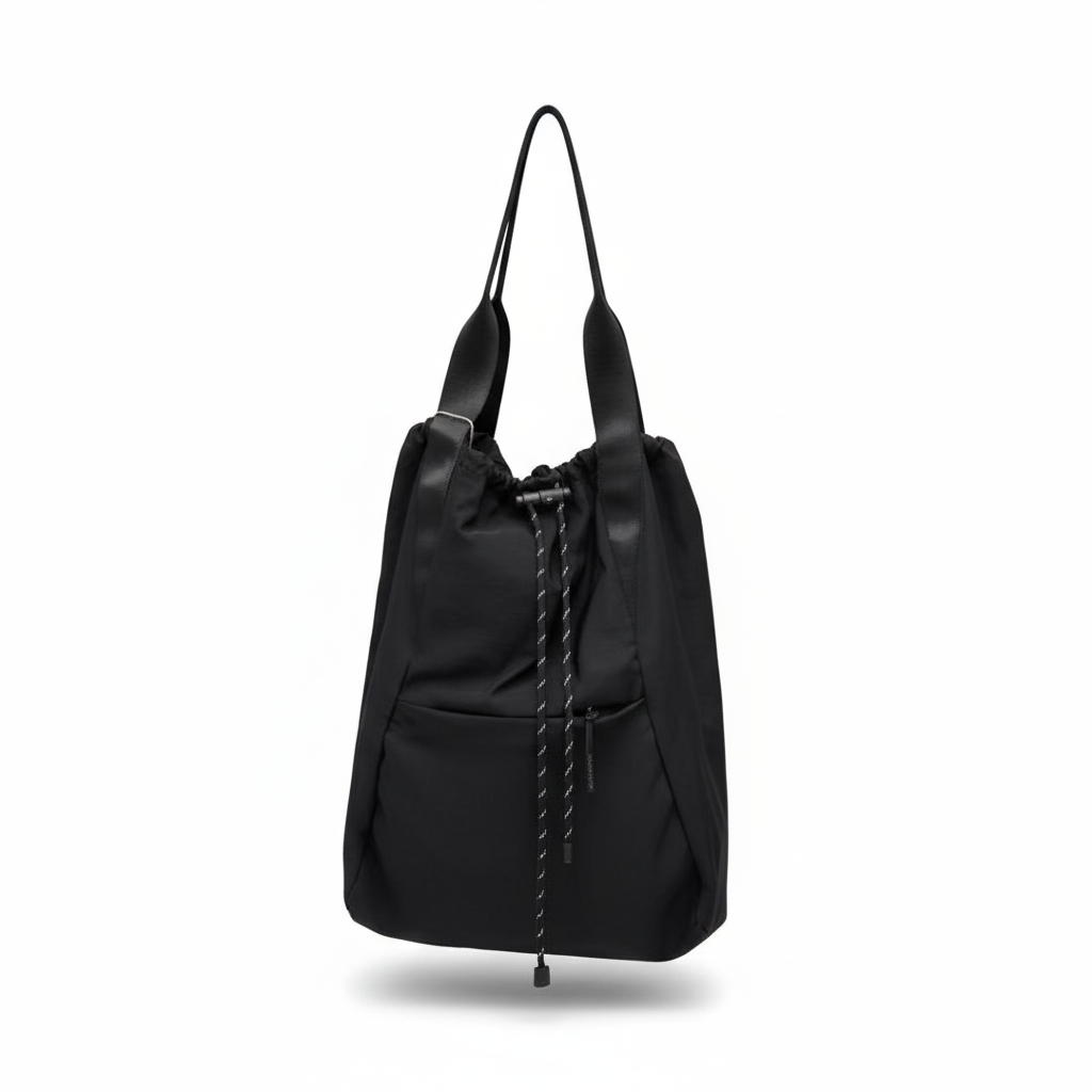 Black backpack with drawstring on a white background,"Stylish khaki drawstring tote bag with multiple compartments and adjustable straps, perfect for daily use, shopping, and travel in India. Features include a secure zippered pocket, spacious main compartment, and comfortable shoulder straps. Ideal for fashion-conscious individuals seeking a versatile and trendy bag."