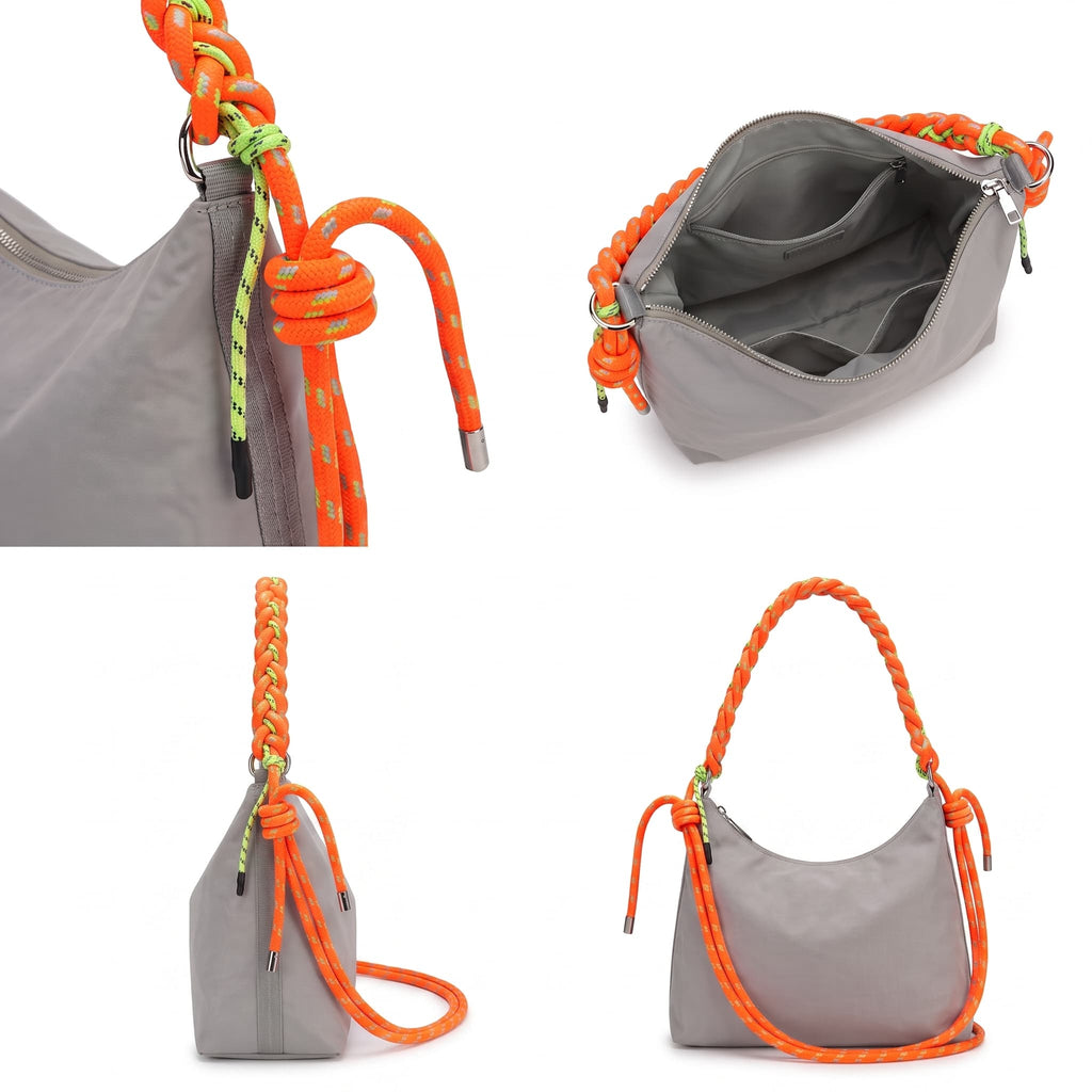 A gray nylon shoulder bag with a bright orange braided rope handle and a green-and-orange patterned accent cord, shown in multiple views on a white background.