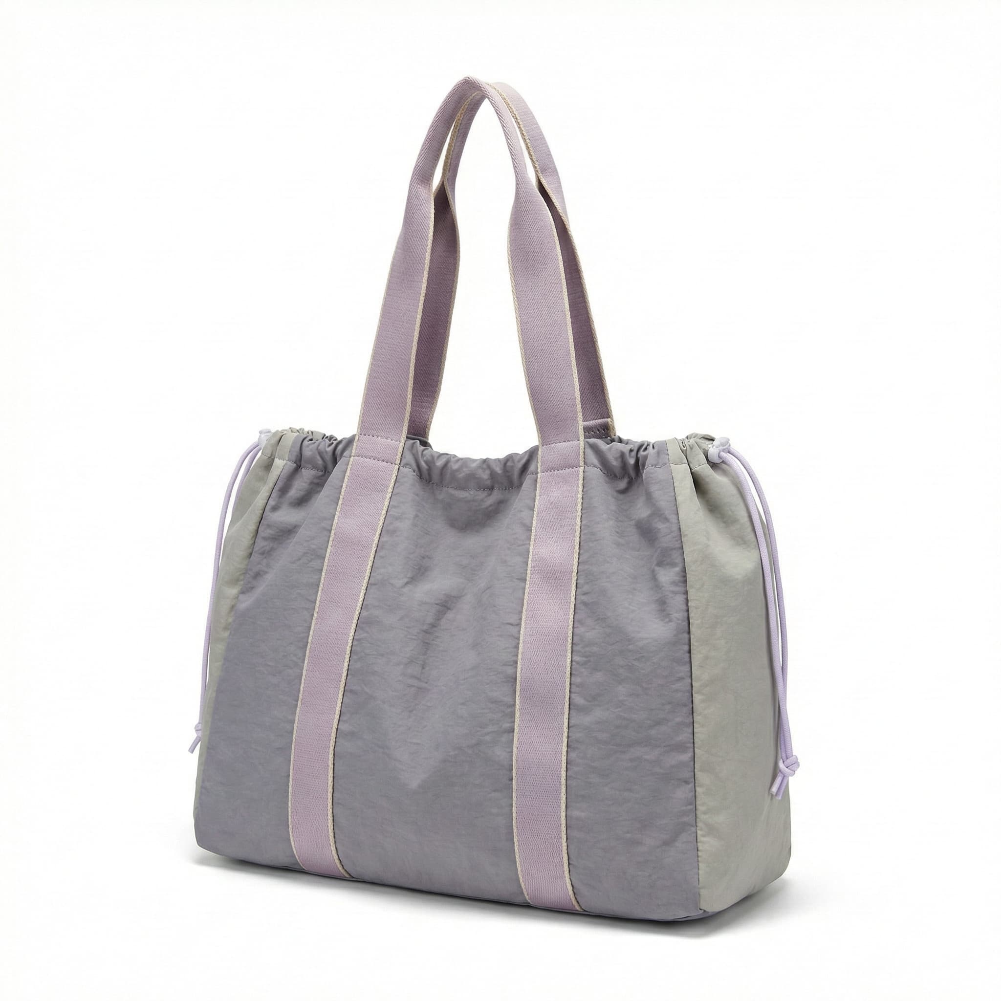 Gray tote bag with purple straps on a white background
