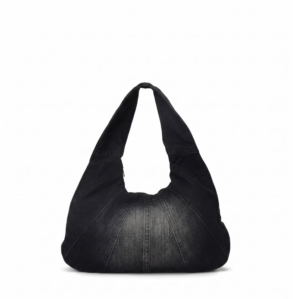 Black leather handbag on a white background