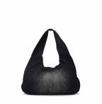 Black leather handbag on a white background