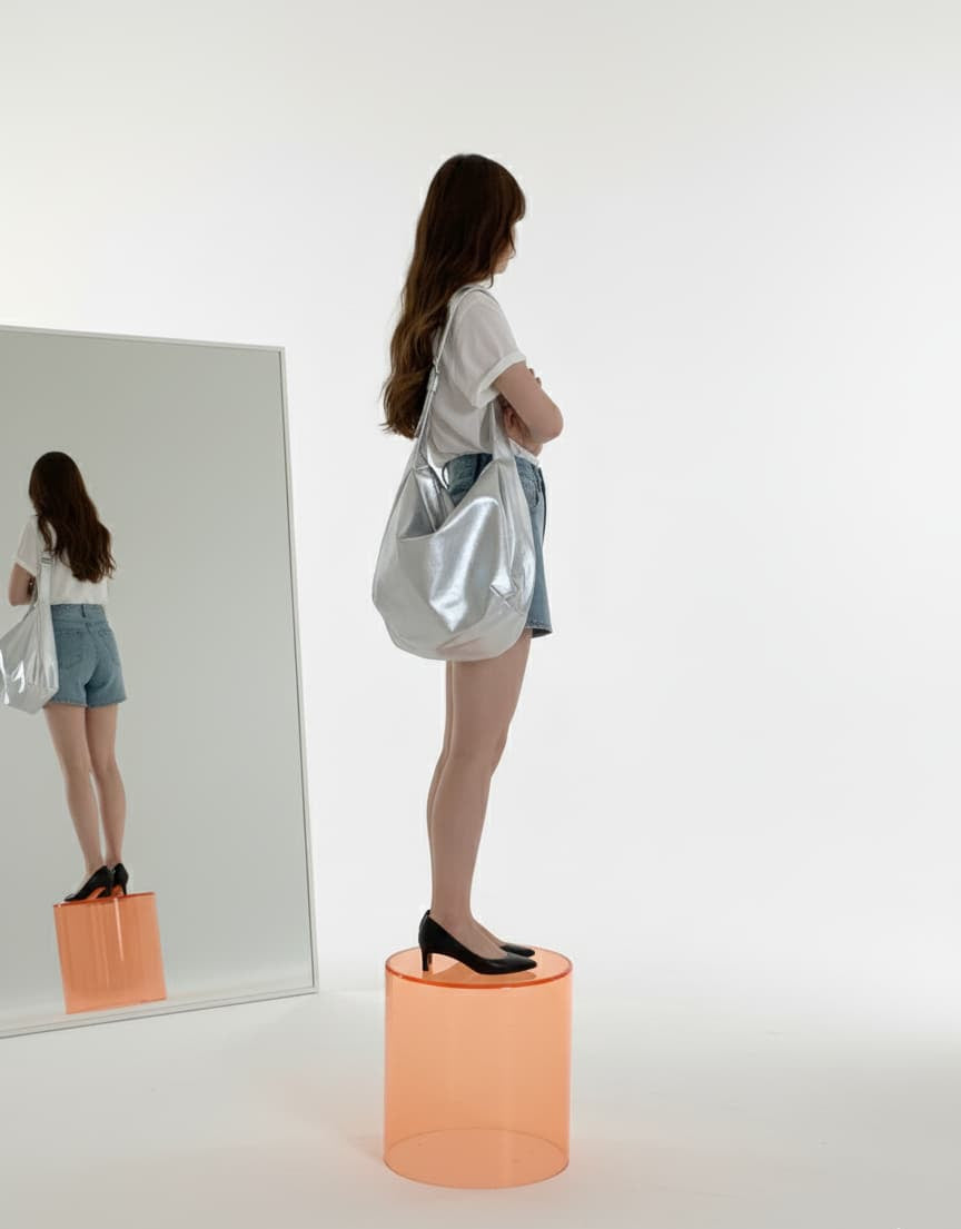 Woman standing on a pink stool holding a silver bag, reflected in a mirror."Statement tote designed for India’s Gen Z – bold, expressive, and built to carry your hustle. Waterproof, sturdy, and fashion-forward, it complements oversized tees, cargos, and sneakers. Join the new-age tote revolution with Tales of Totes – rising above brands like Zouk and Chumbak with better prices and bolder drops every week."