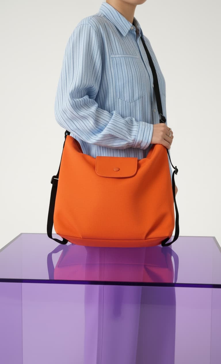 Person holding an orange bag on a reflective purple surface with a light gray background