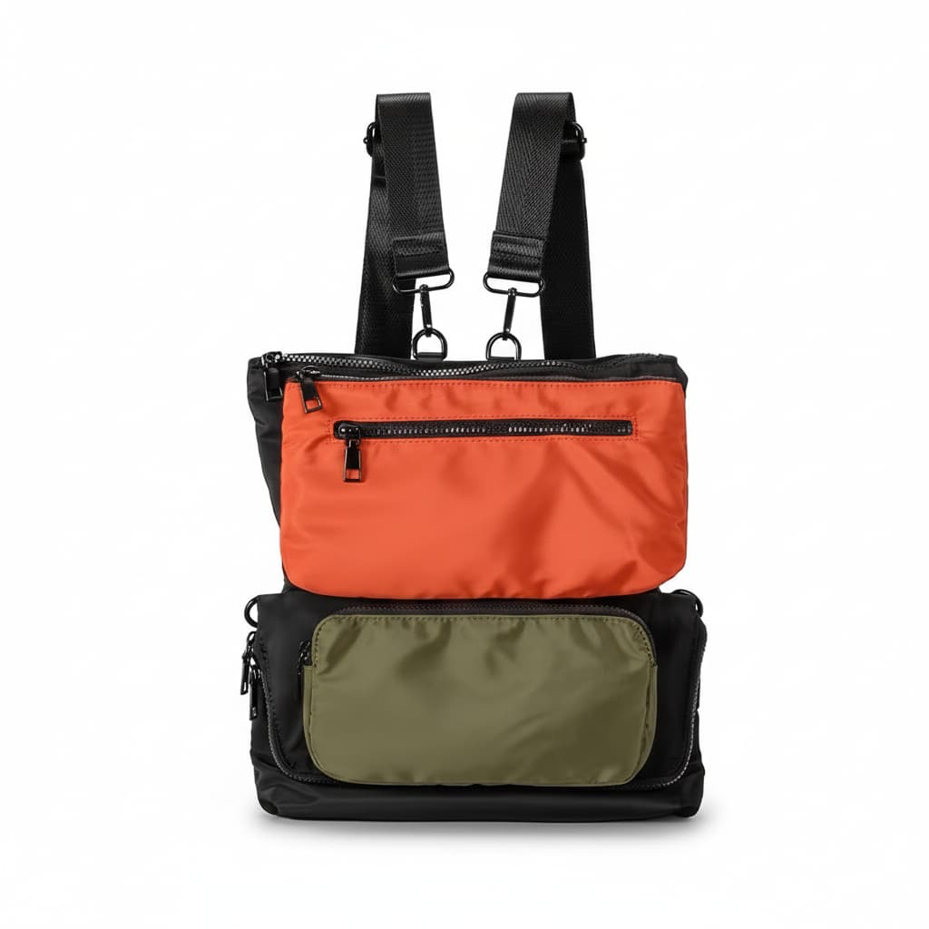 Multicolored backpack with orange, green, and black sections on a white background