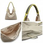 Beige handbag with braided handles on a white background