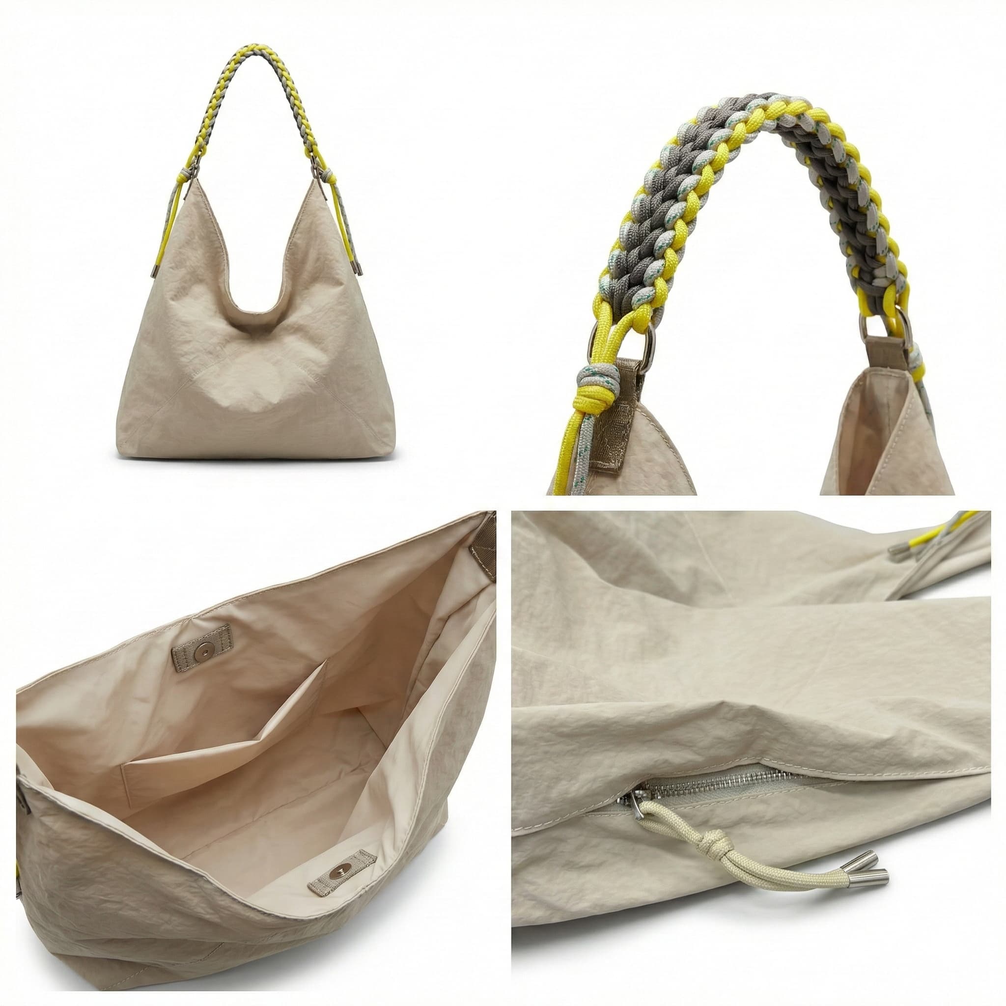 Beige handbag with braided handles on a white background