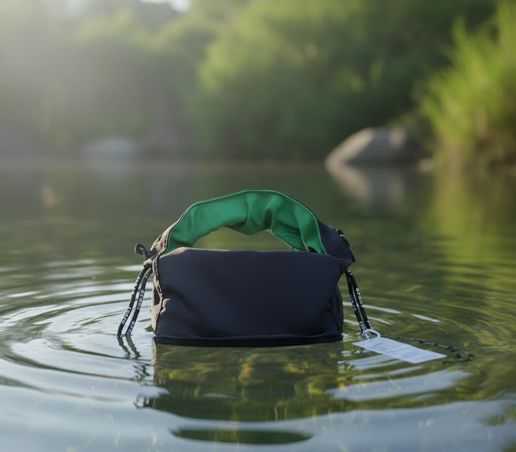Black bag with green top partially submerged in water with a natural background;"Black waterproof polyester mini tote bag with stylish green lining, lightweight and durable design, adjustable crossbody strap and spacious compartments for wallet, phone, cosmetics and daily essentials. Perfect handbag for women in India for office, college, travel, shopping, and everyday use. Premium quality ladies tote bag available online at best price in India, versatile small carry bag for students, professionals, and tra