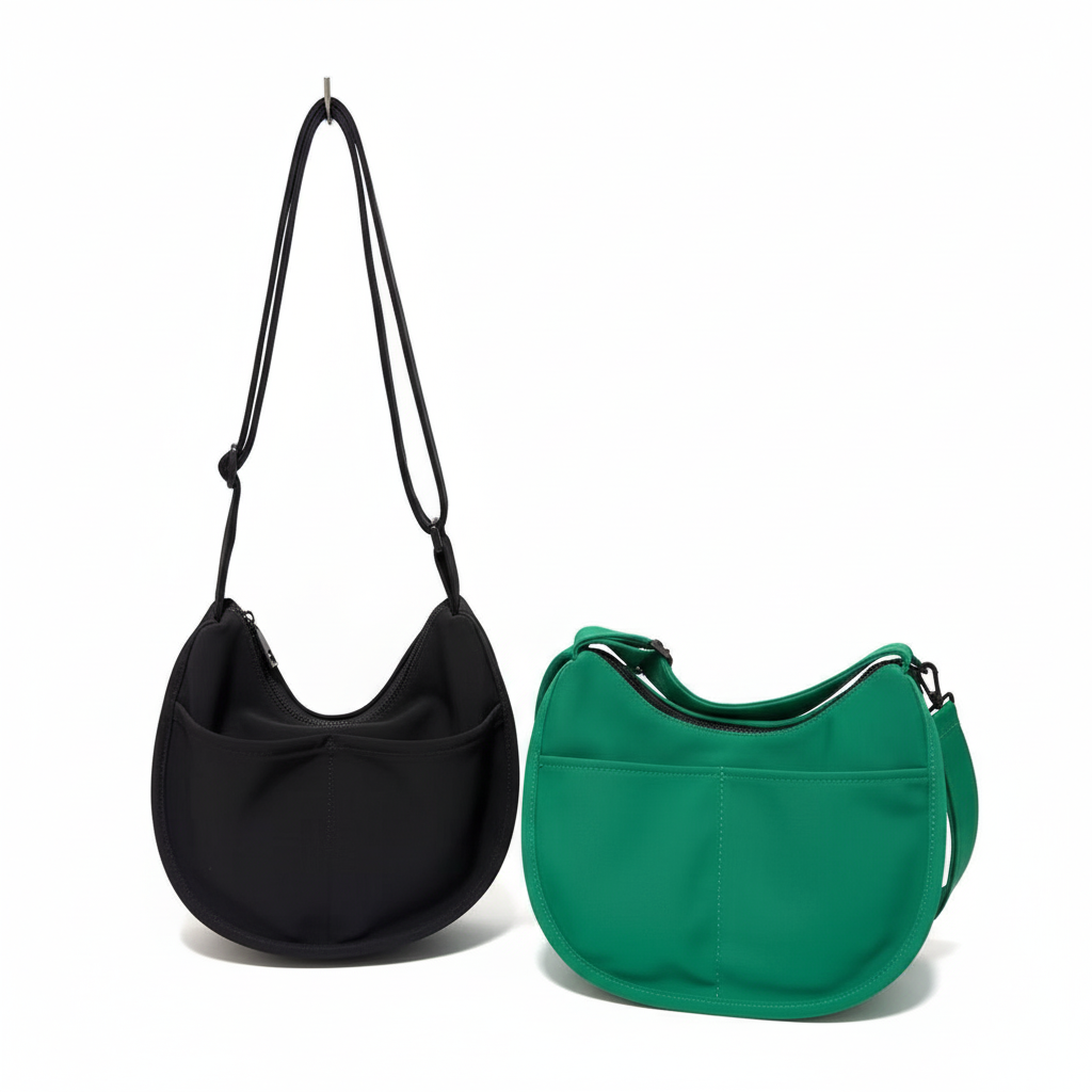 Trendy emerald green crescent half-moon shoulder bag for women, durable canvas, versatile for daily use, ethnic wear, and casual outings in India. This stylish sling bag offers a modern minimalist design, spacious interior, functioning as a chic carryall or small hobo tote.