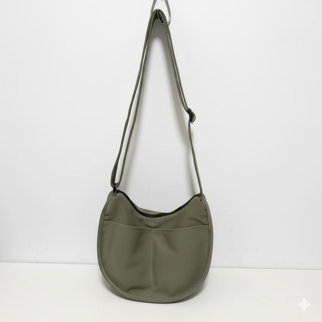 Green shoulder bag hanging against a white background.Trendy emerald green crescent half-moon shoulder bag for women, durable canvas, versatile for daily use, ethnic wear, and casual outings in India. This stylish sling bag offers a modern minimalist design, spacious interior, functioning as a chic carryall or small hobo tote.