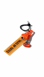 Orange tag with black text and a black cord on a white background