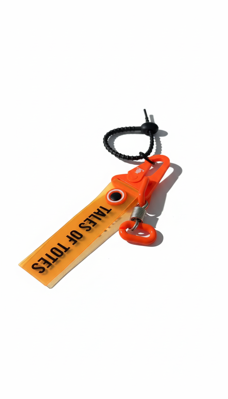 Orange tag with black text and a black cord on a white background