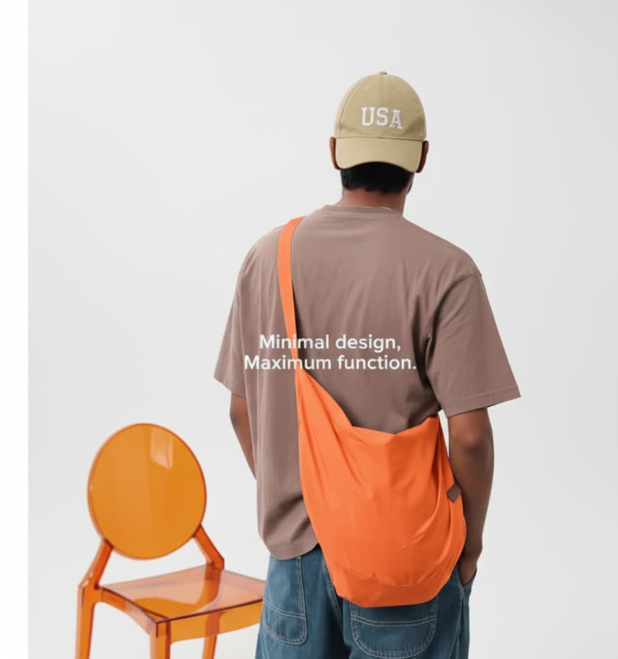 Person wearing a brown t-shirt with text and an orange bag, standing next to an orange chair on a white background.