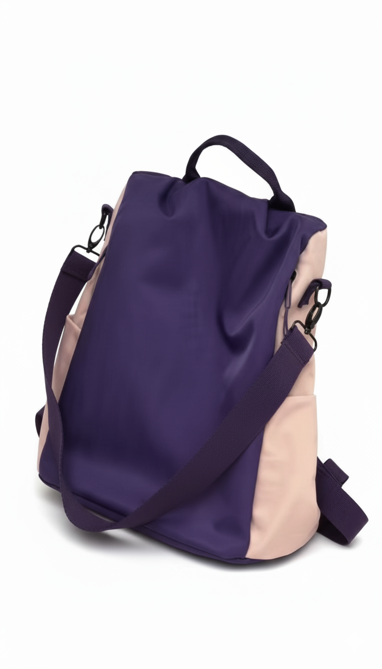 Purple and beige backpack on a wStylish travel backpack, durable everyday bag, versatile shoulder tote, convertible backpack purse, waterproof utility bag, modern casual rucksack, ergonomic daypack, trendy laptop bag, multi-functional women's backpack, secure anti-theft design, spacious college bag, fashion-forward accessory, urban commuter pack, comfortable carry-all, premium quality satchel, practical work bag, chic student backpack, easy-access travel essential, organized personal item, lihite background