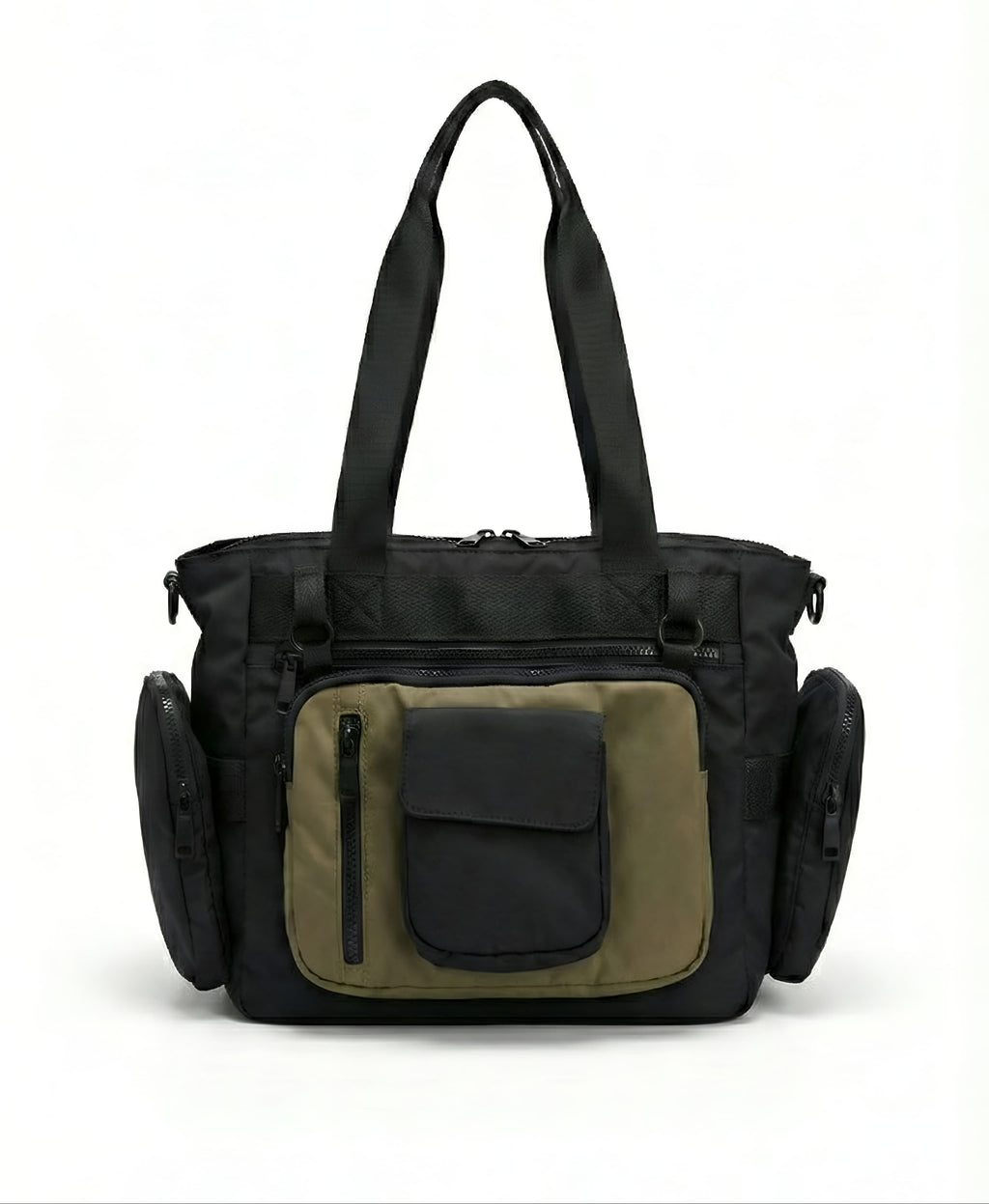 Black and green bag with multiple pockets on a white background