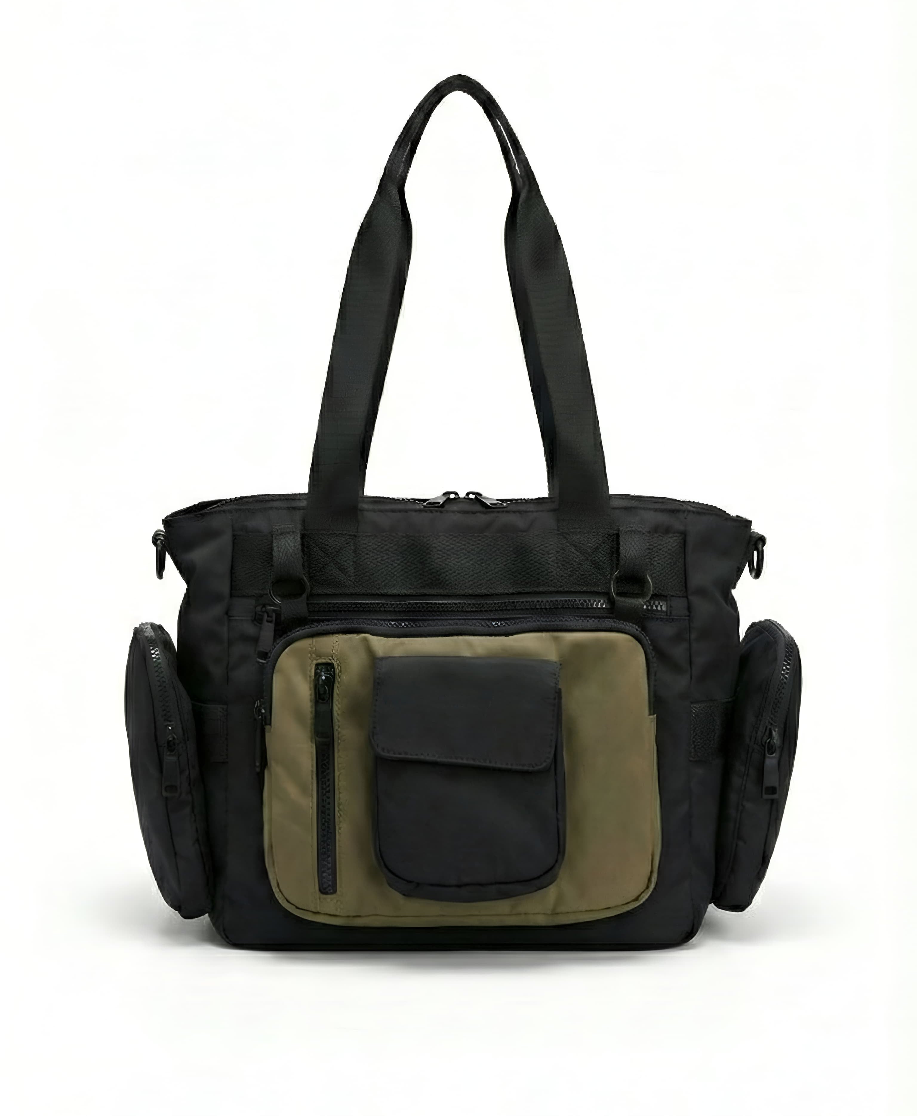 Black and green bag with multiple pockets on a white background