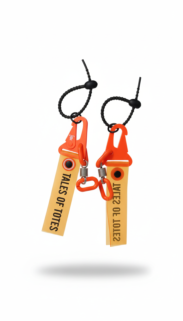 Two orange keychains with black strings and wooden tags on a white background
