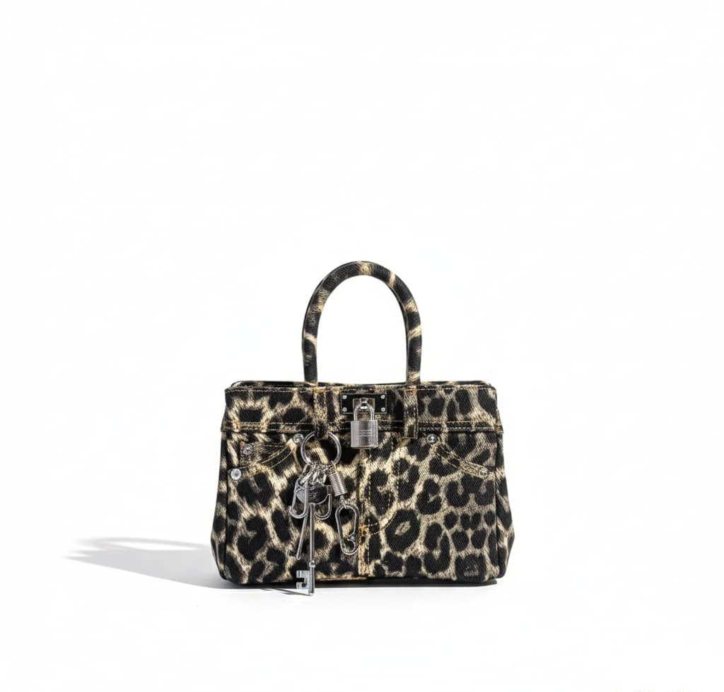 Leopard print handbag with 'QUEENBAG' branding on a white background