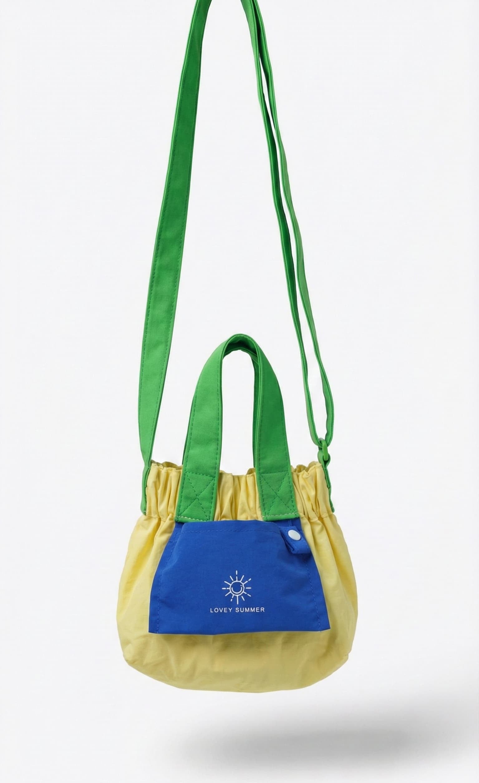 Multicolored bag with a visible brand logo on a white background