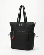 Black tote bag with red accents on a white background