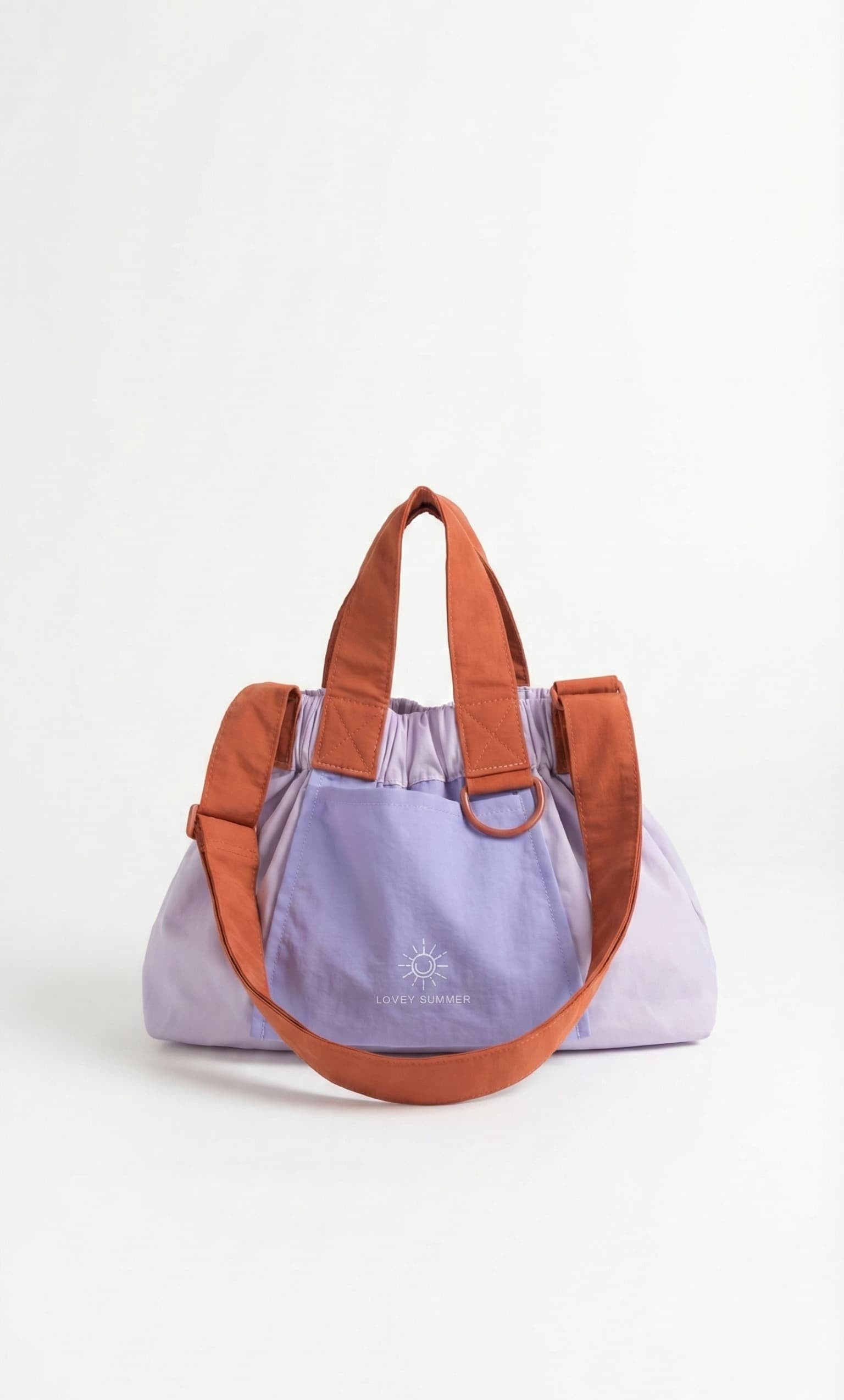 Purple and orange tote bag on a white background