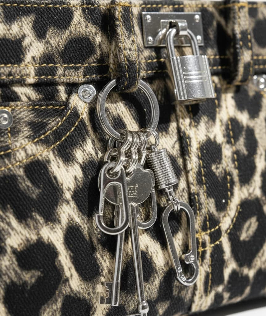 Keychain with lock and keys attached to a leopard print bag.