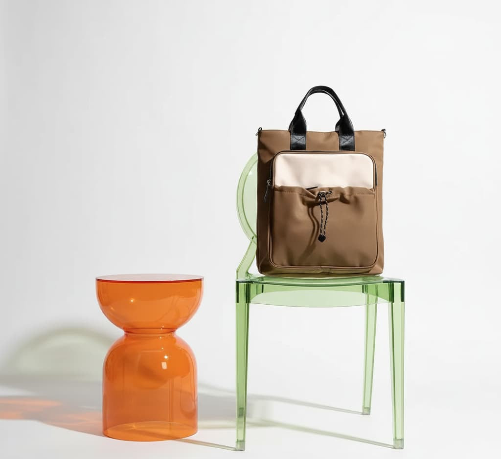 Brown backpack on a transparent green chair with an orange glass table against a white background"Multi-functional travel tote bag with 20-litre capacity and compact dimensions (37.5 x 32.5 x 11.25 cm) – featuring a front utility pocket, sturdy handles, and crossbody strap for comfortable carrying. Designed for urban commuters and travellers, this spacious and durable bag combines style with practicality. A modern essential from Tales of Totes, outperforming Indian brands like Zouk, Lavie, and DailyObjects 