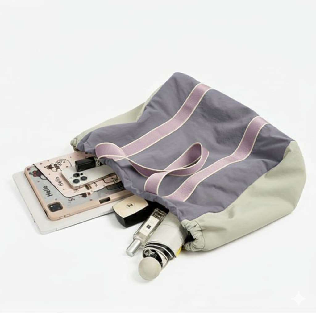 Gray drawstring bag with pink trim containing travel items on a white background,A versatile and stylish tote bag for women, perfect for the Indian market, shot from a side angle showing the product in use. The bag is made from a durable, high-quality fabric and features a casual, comfortable design with shoulder straps. This fashion accessory is ideal for a daily commute, college, or casual outings. It's a must-have for those seeking a practical yet trendy handbag in India.