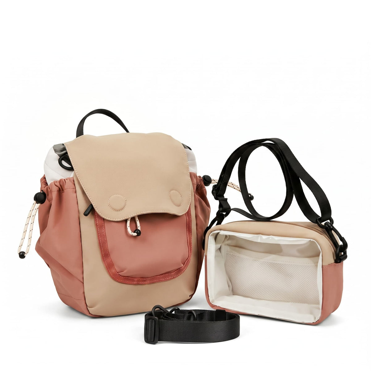 A two-tone backpack shown in closed and open views on a clean white background. The backpack features a beige flap with snap buttons and a dusty rose front pocket, with black straps and a matching black buckle strap laid in front.
