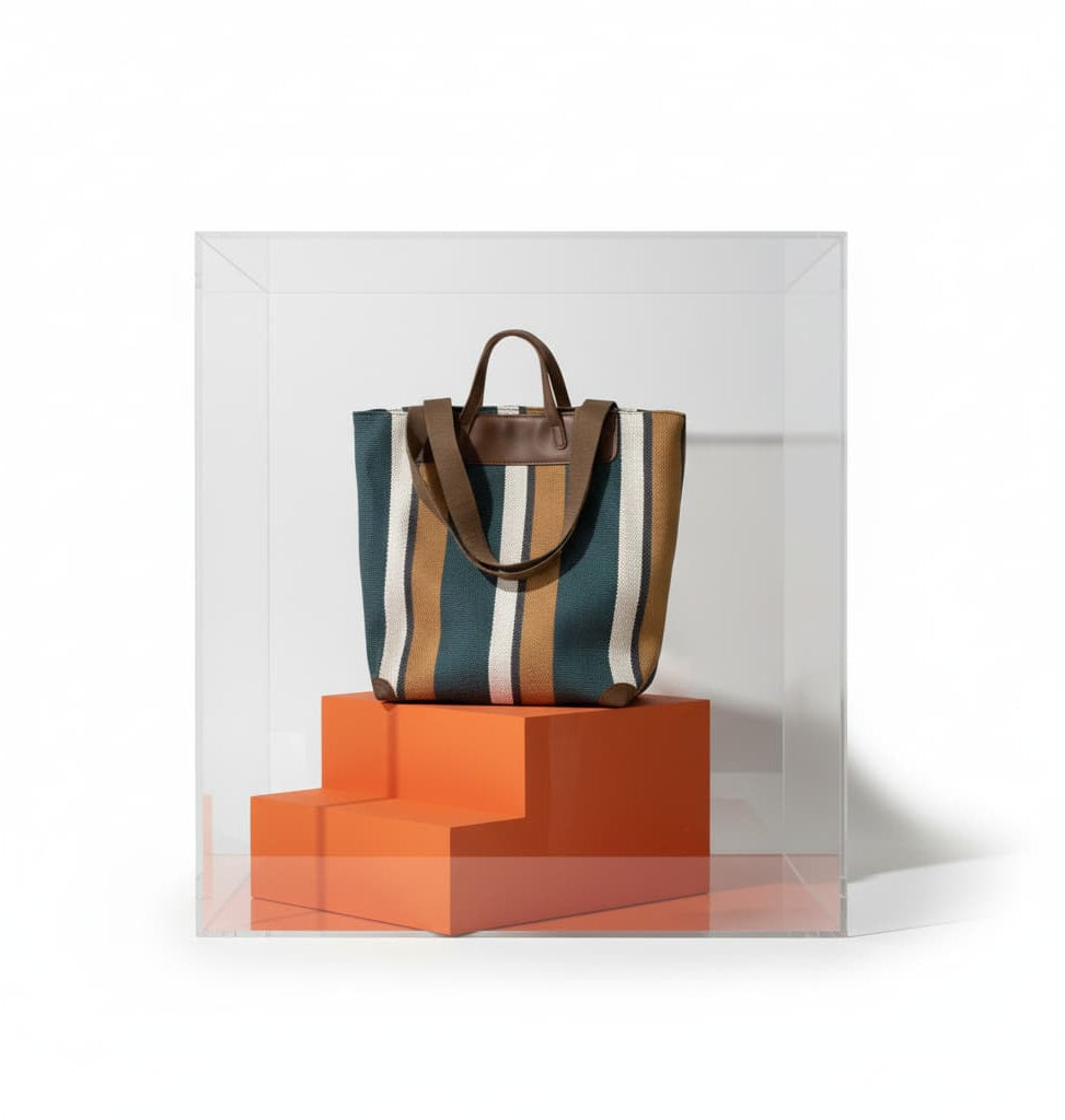 Striped handbag on orange boxes with a clear cube around it"Eco-friendly striped jute tote bag with dual handles – featuring bold black, grey, and white vertical patterns with leather-look accents and brown straps. Ideal for shopping, office, and casual outings. A sustainable and stylish choice from Tales of Totes – offering earthy, durable fashion accessories that stand apart from brands like Chumbak, Baggit, and DailyObjects in the Indian market."

