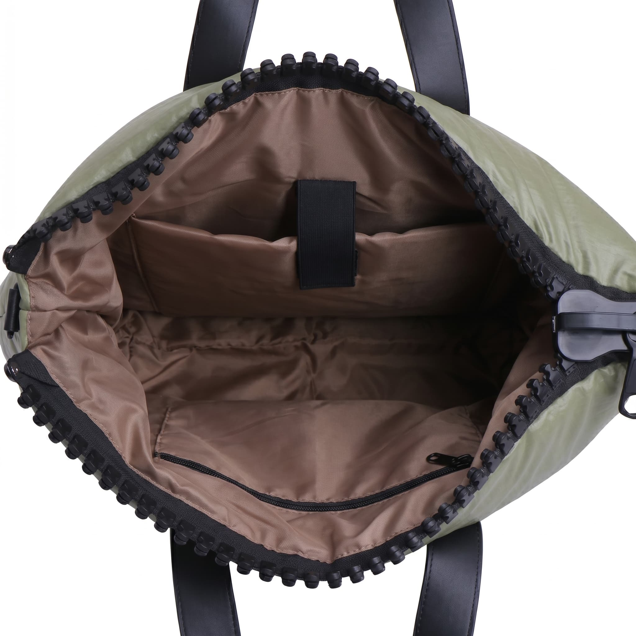 Green duffel bag with black interior and trim on a white background