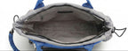 Blue and gray bag with open top on a white background